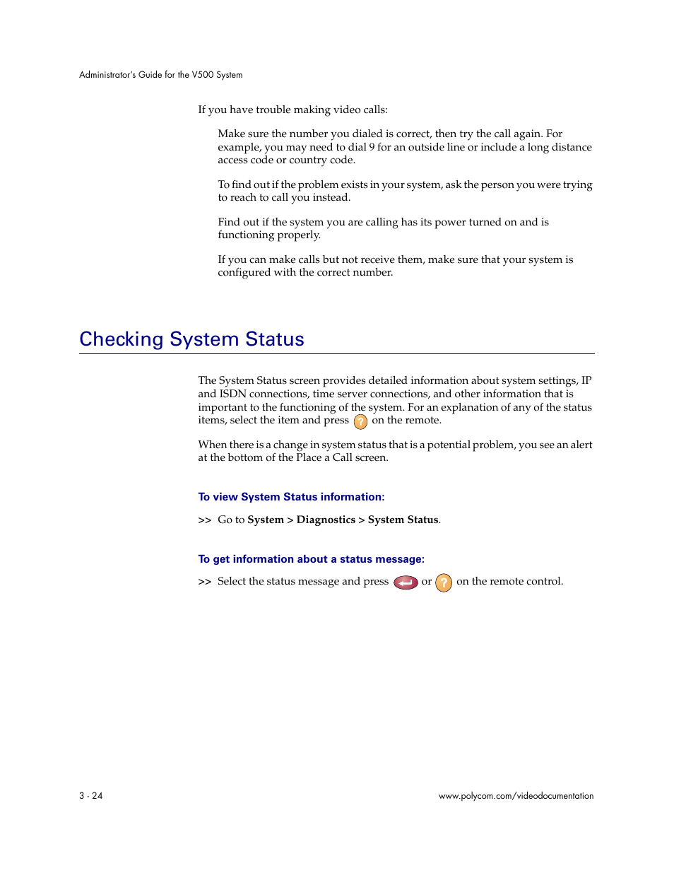 Checking system status, Checking system status - 24 | Polycom Audio and Video User Manual | Page 44 / 136