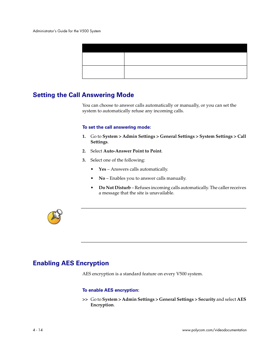 Setting the call answering mode, Enabling aes encryption | Polycom Audio and Video User Manual | Page 60 / 136