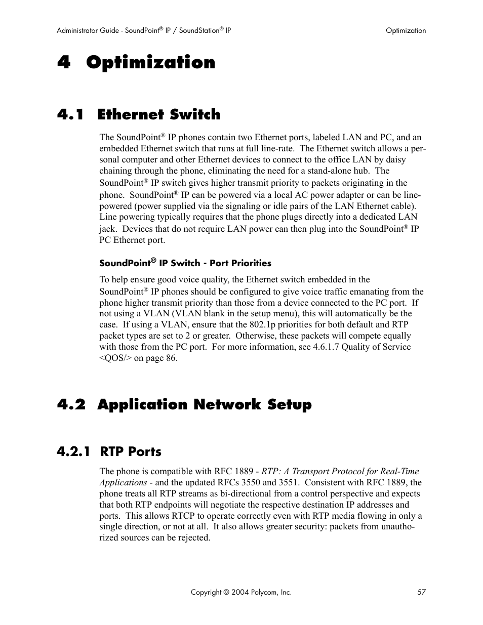 4 optimization, 1 ethernet switch, 2 application network setup | 1 rtp ports | Polycom Version 1.4.x 17 User Manual | Page 65 / 147