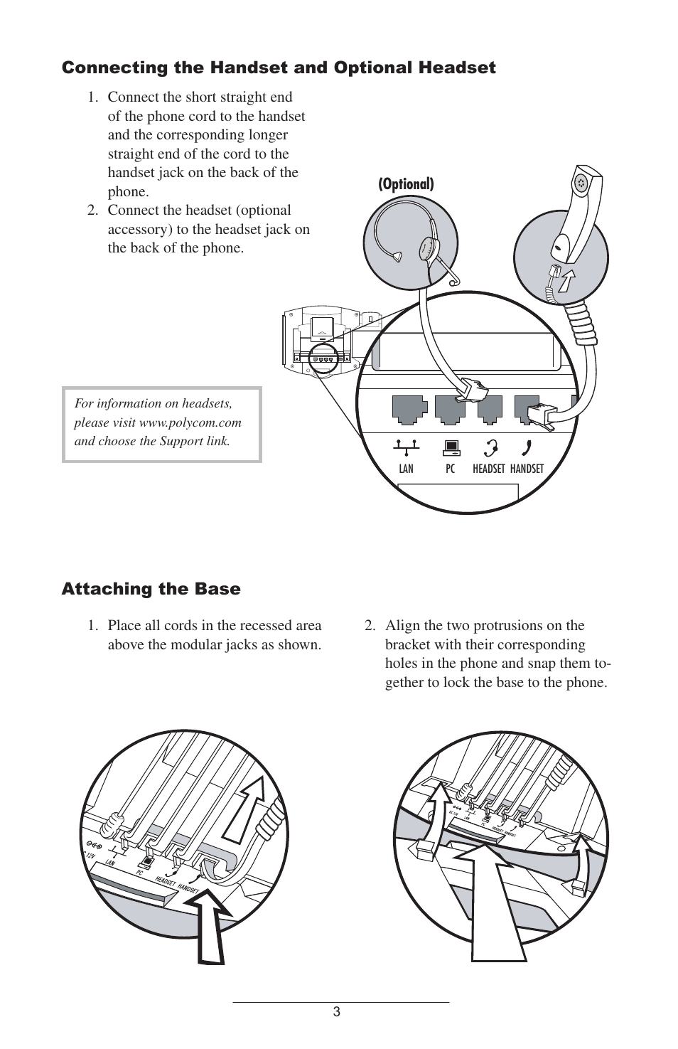 Connecting the handset and optional headset, Attaching the base | Polycom 501SIP User Manual | Page 6 / 28