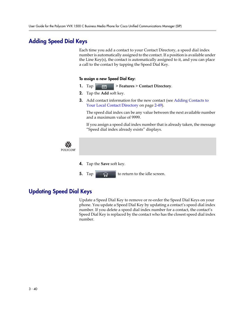 Adding speed dial keys, Updating speed dial keys | Polycom VVX 1500 C Business Media Phone for Cisco Unified Communications Manager (SIP) User Manual | Page 150 / 192