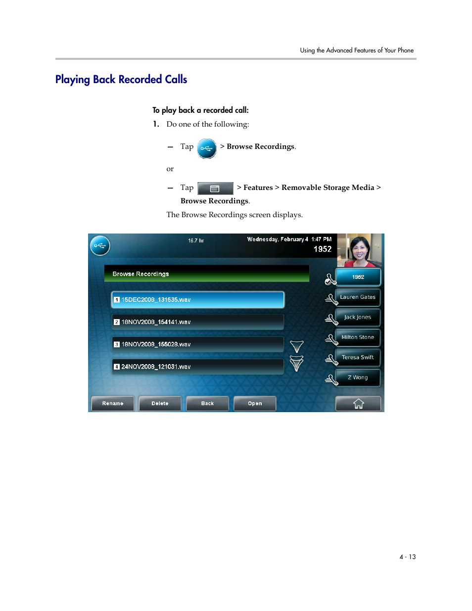 Playing back recorded calls, Playing back recorded calls -13 | Polycom VVX 1500 C Business Media Phone for Cisco Unified Communications Manager (SIP) User Manual | Page 165 / 192