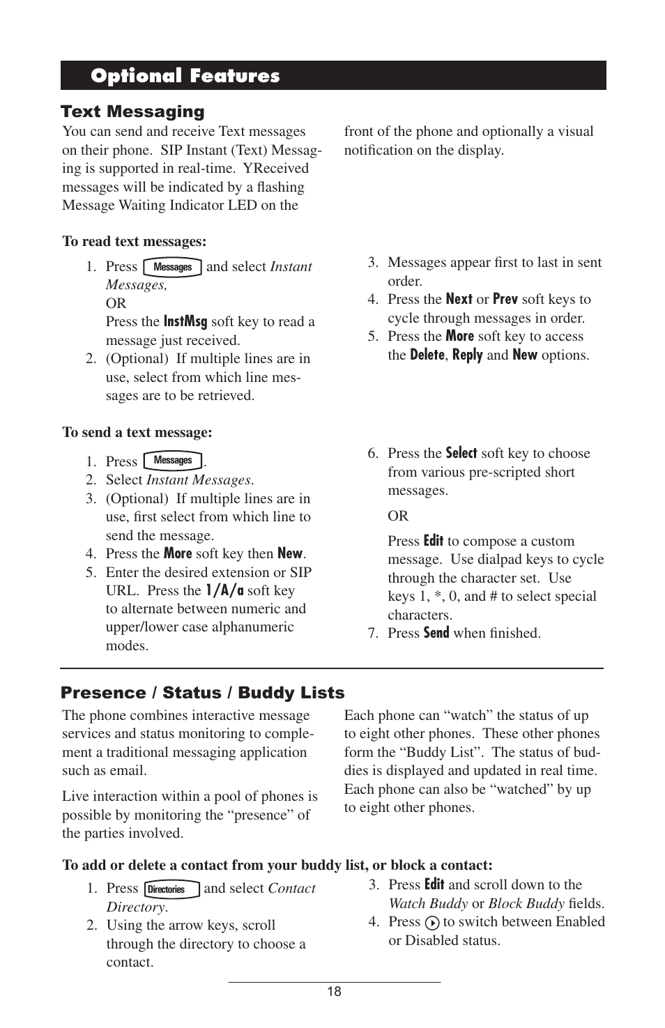 Optional features, Text messaging, Presence / status / buddy lists | Polycom IP 500/501 SIP 2.0 User Manual | Page 21 / 29