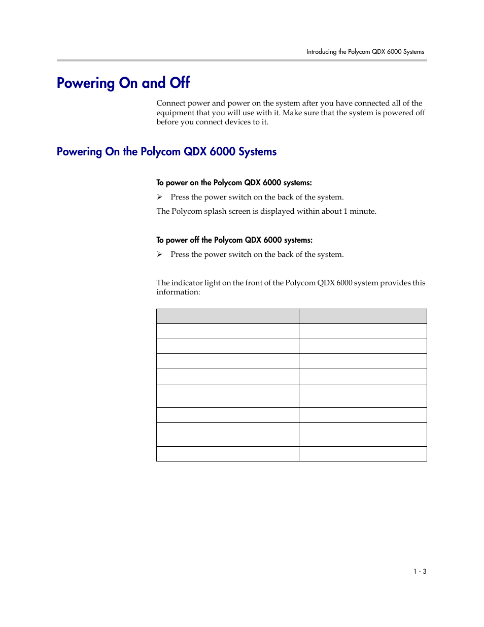 Powering on and off, Powering on the polycom qdx 6000 systems, Powering on and off -3 | Powering on the polycom qdx 6000 systems -3 | Polycom 6000 User Manual | Page 11 / 126