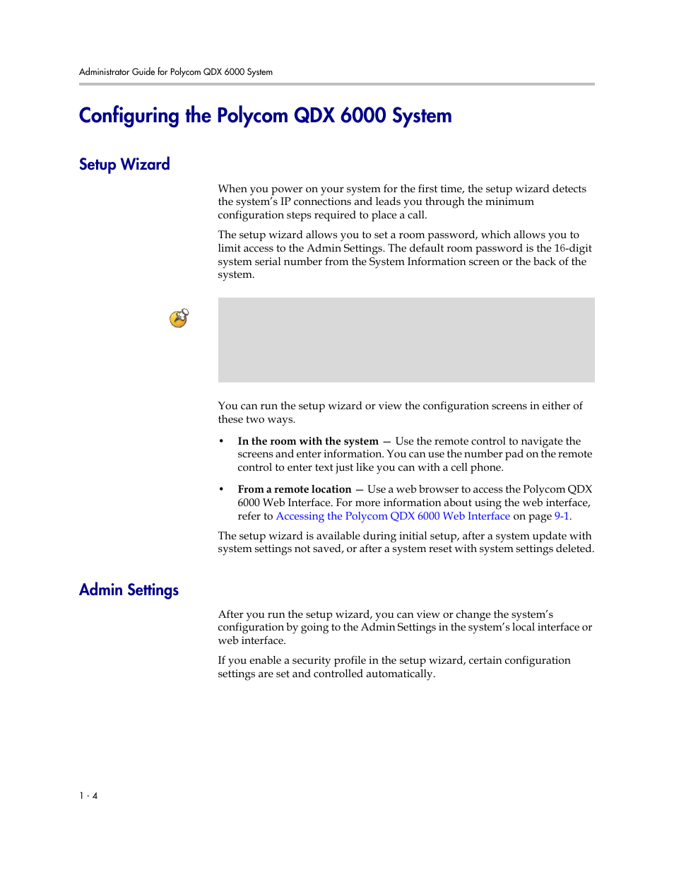 Configuring the polycom qdx 6000 system, Setup wizard, Admin settings | Configuring the polycom qdx 6000 system -4, Setup wizard -4 admin settings -4 | Polycom 6000 User Manual | Page 12 / 126