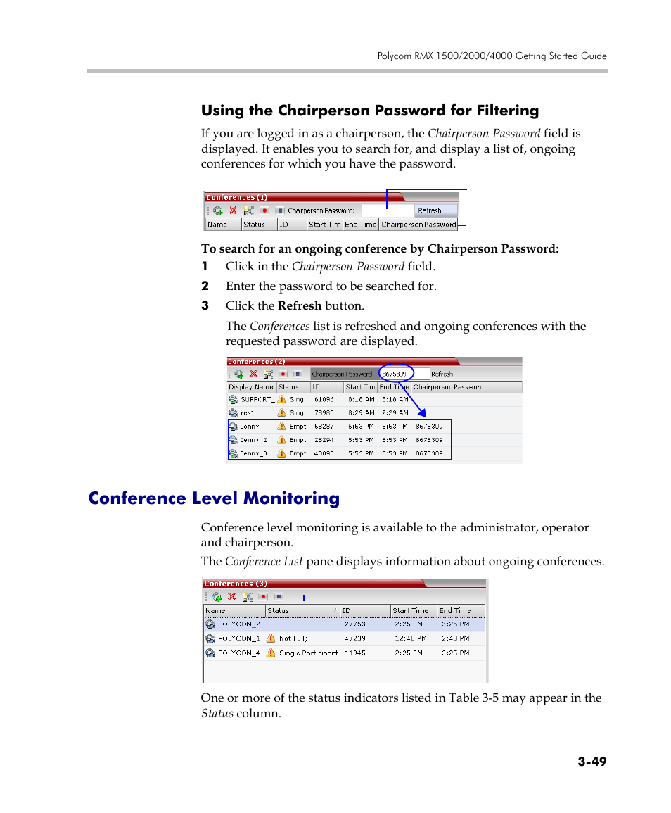 Using the chairperson password for filtering, Conference level monitoring, Using the chairperson password for filtering -49 | Conference level monitoring -49 | Polycom DOC2560C User Manual | Page 127 / 188