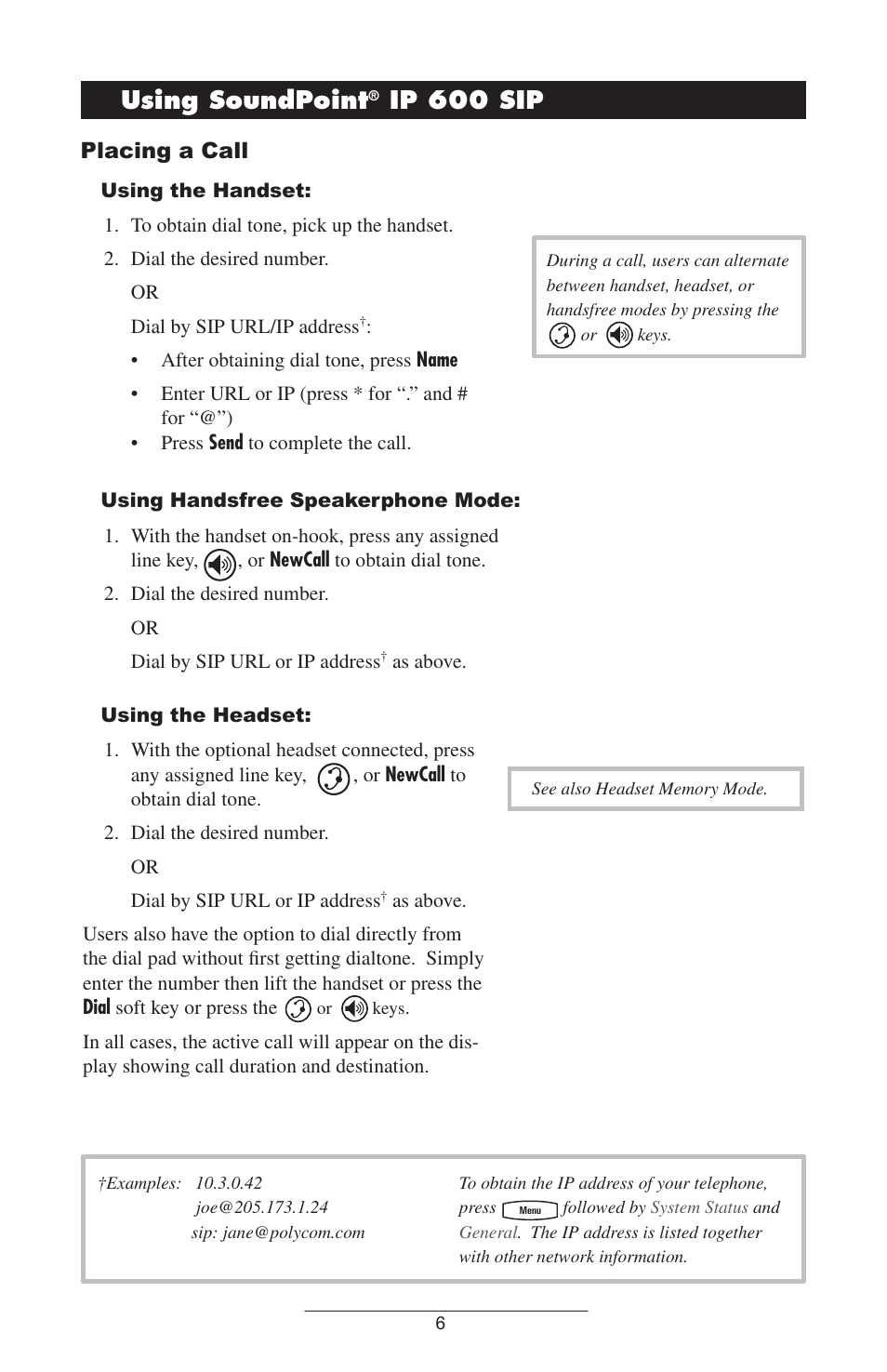 Using soundpoint, Ip 600 sip, Placing a call | Polycom IP 600 SIP User Manual | Page 9 / 27