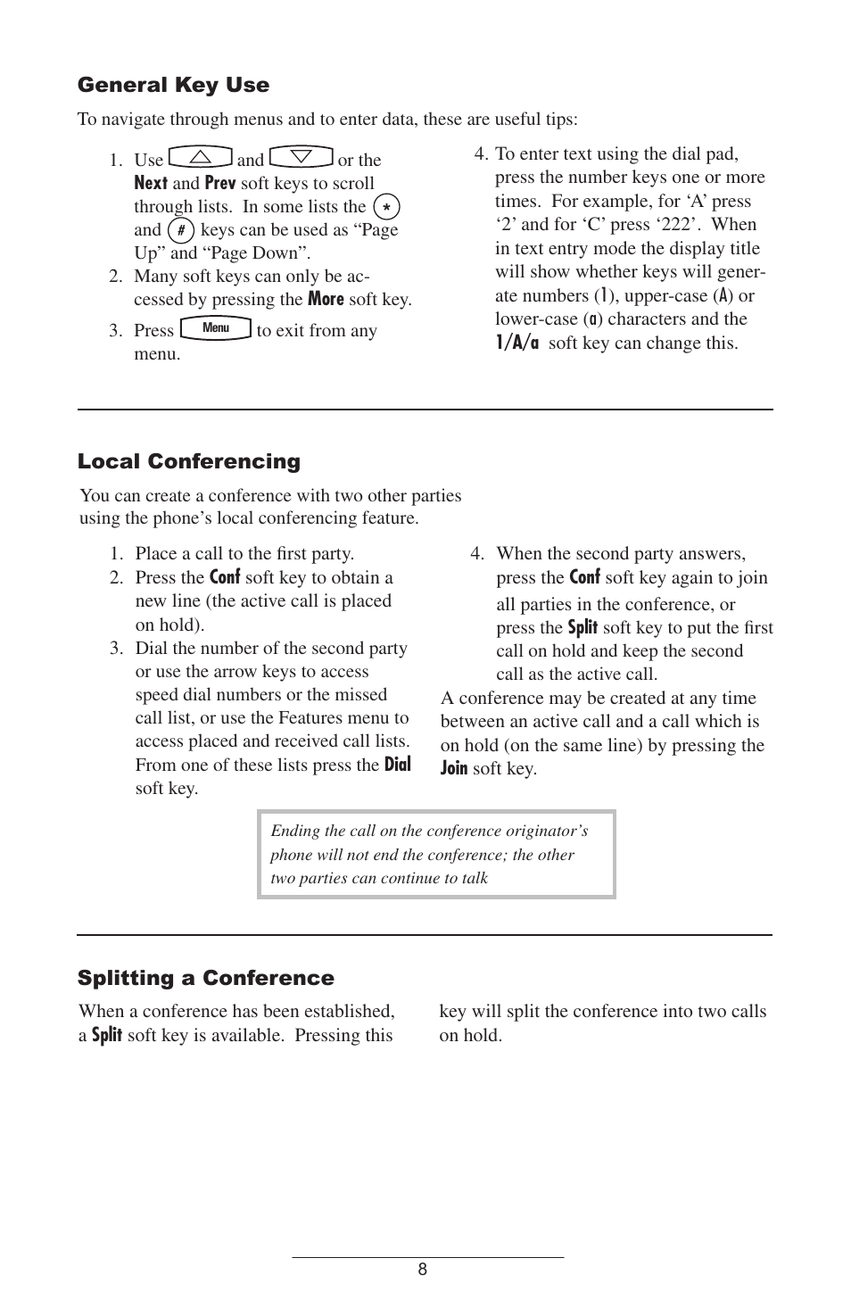 General key use, Local conferencing, Splitting a conference | Polycom SoundPoint IP 301 SIP User Manual | Page 11 / 30