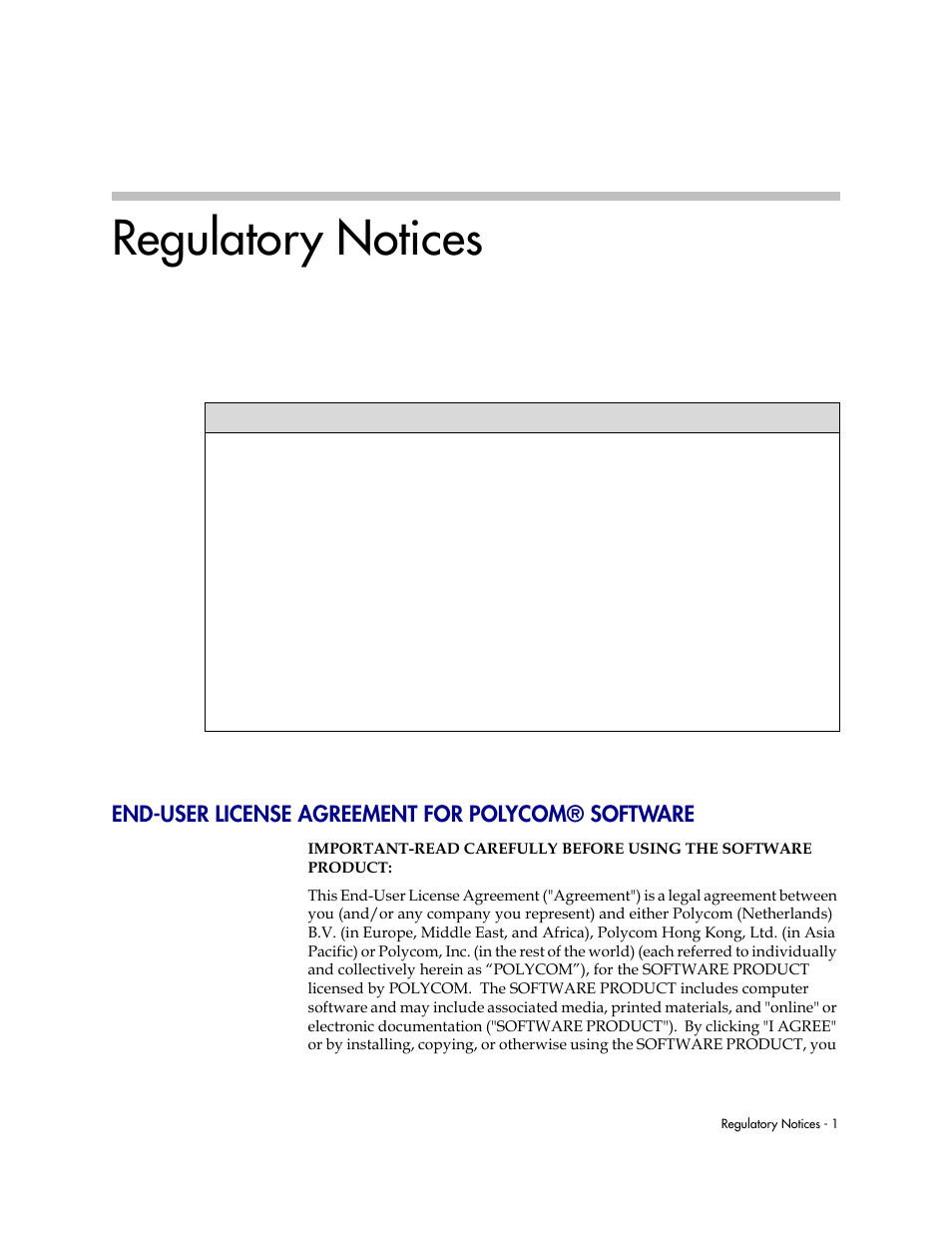 Regulatory notices, End-user license agreement for polycom® software, Regulatory notices–1 | Polycom 4300T User Manual | Page 105 / 118