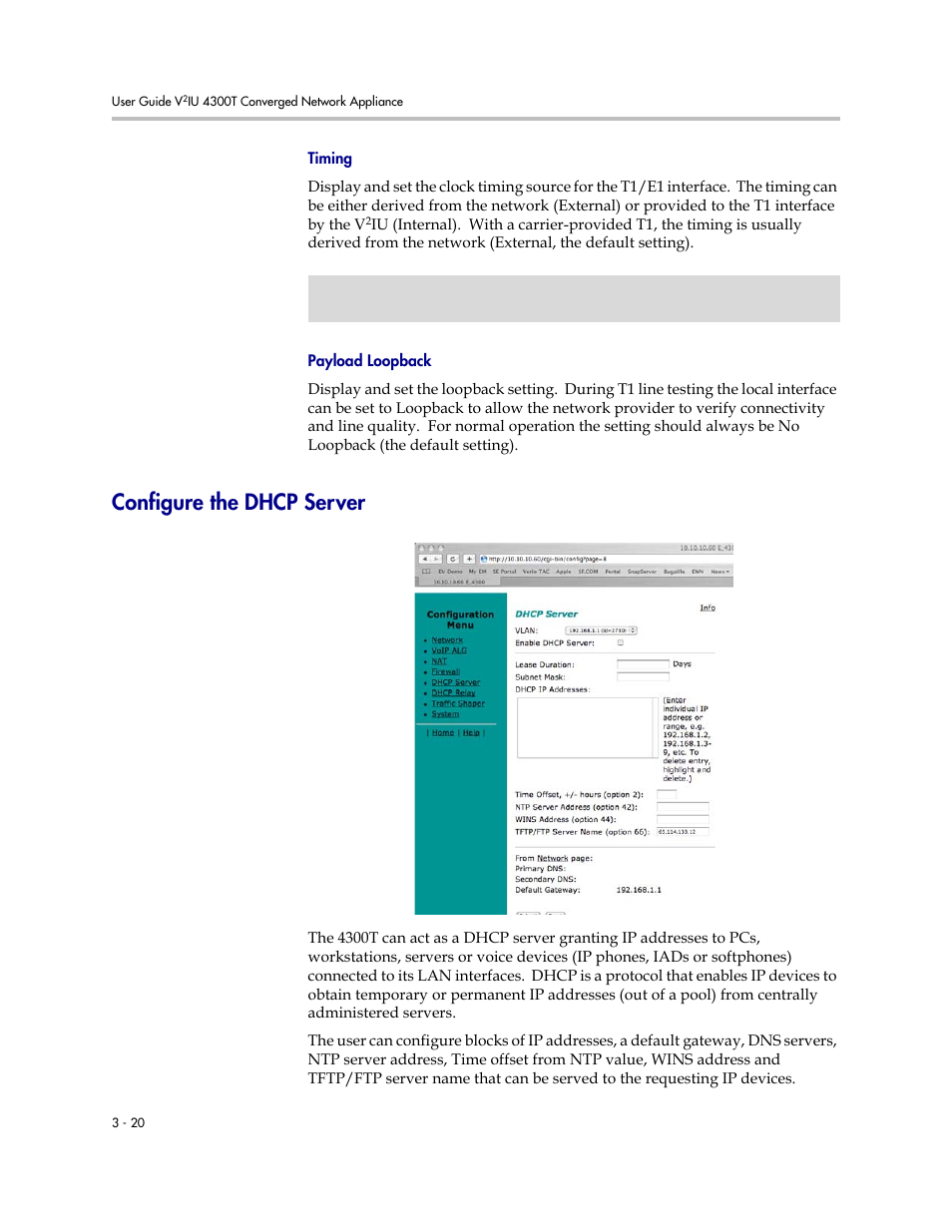 Timing, Payload loopback, Configure the dhcp server | Timing –20 payload loopback –20, Configure the dhcp server –20 | Polycom 4300T User Manual | Page 38 / 118