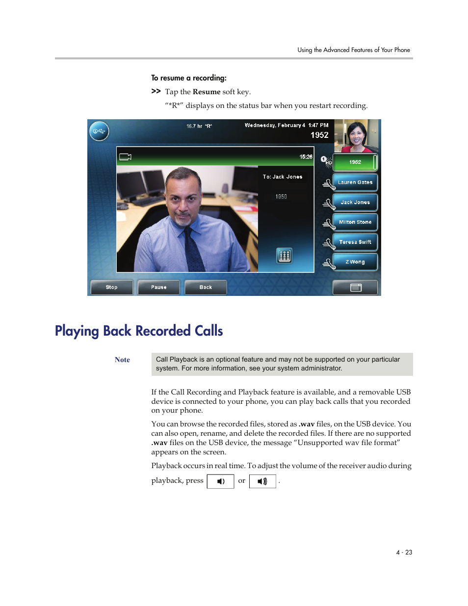 Playing back recorded calls, Playing back recorded calls -23 | Polycom VVXTM 1500 User Manual | Page 177 / 208
