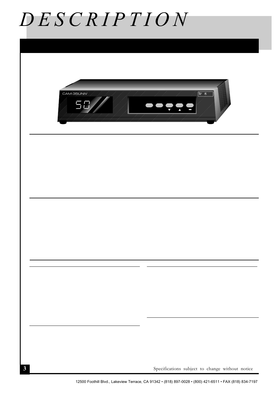 And specifications, Cam-35univ, Features | Description, Specifications, Consumer agile modulator, Video, Audio, General | Pico Macom CAM-35UNIV User Manual | Page 4 / 12