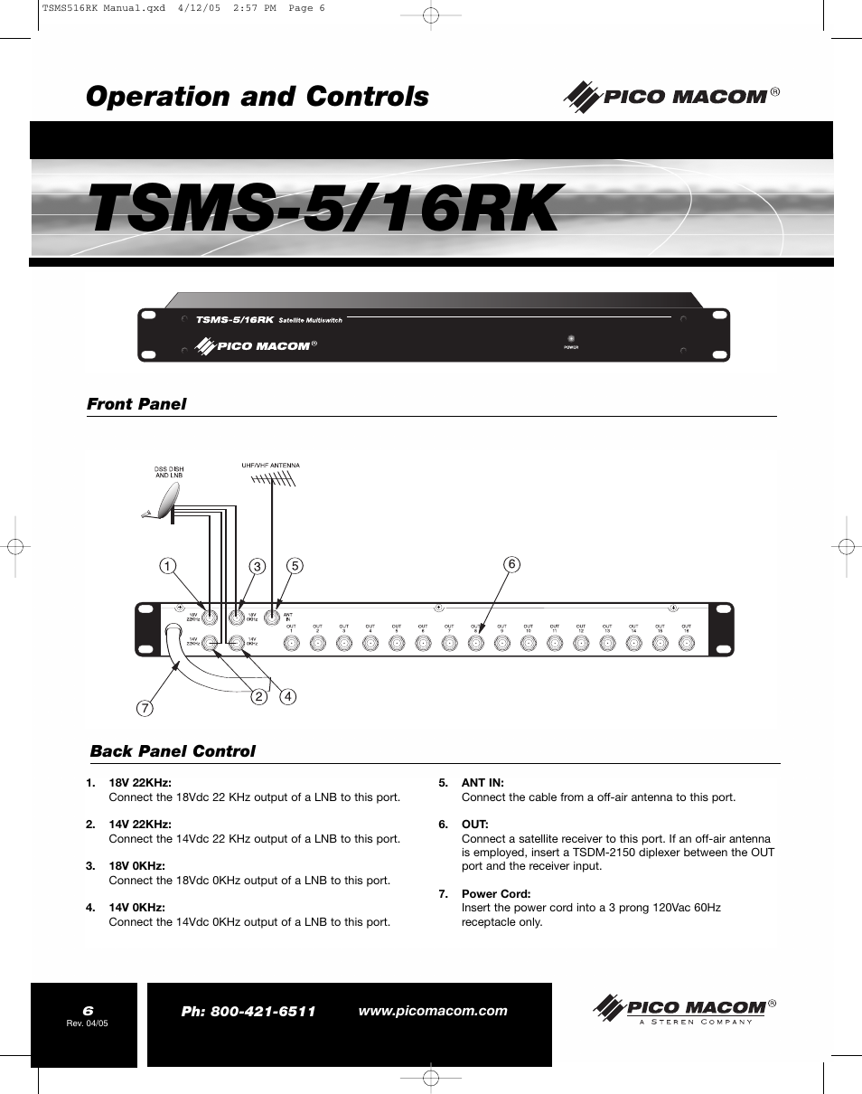 Tsms-5/16rk, Operation and controls | Pico Macom TSMS-5/16RK User Manual | Page 6 / 8