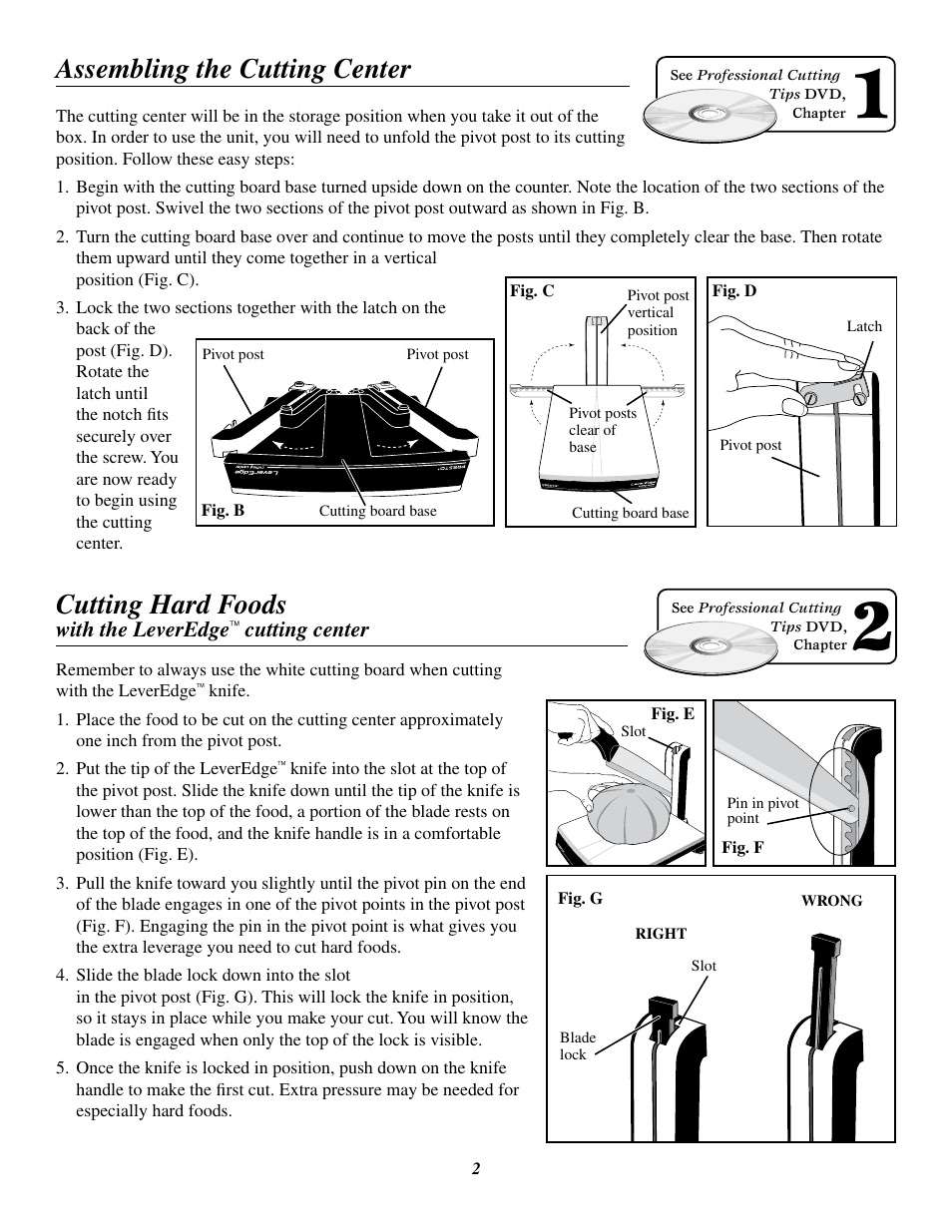 Assembling the cutting center, Cutting hard foods | Presto LeverEdge Knife User Manual | Page 2 / 7