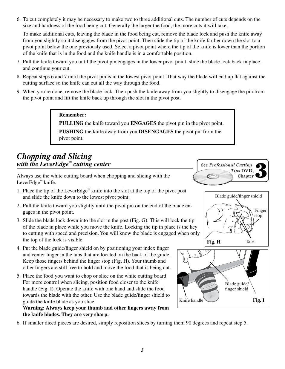 Chopping and slicing, With the leveredge, Cutting center | Presto LeverEdge Knife User Manual | Page 3 / 7
