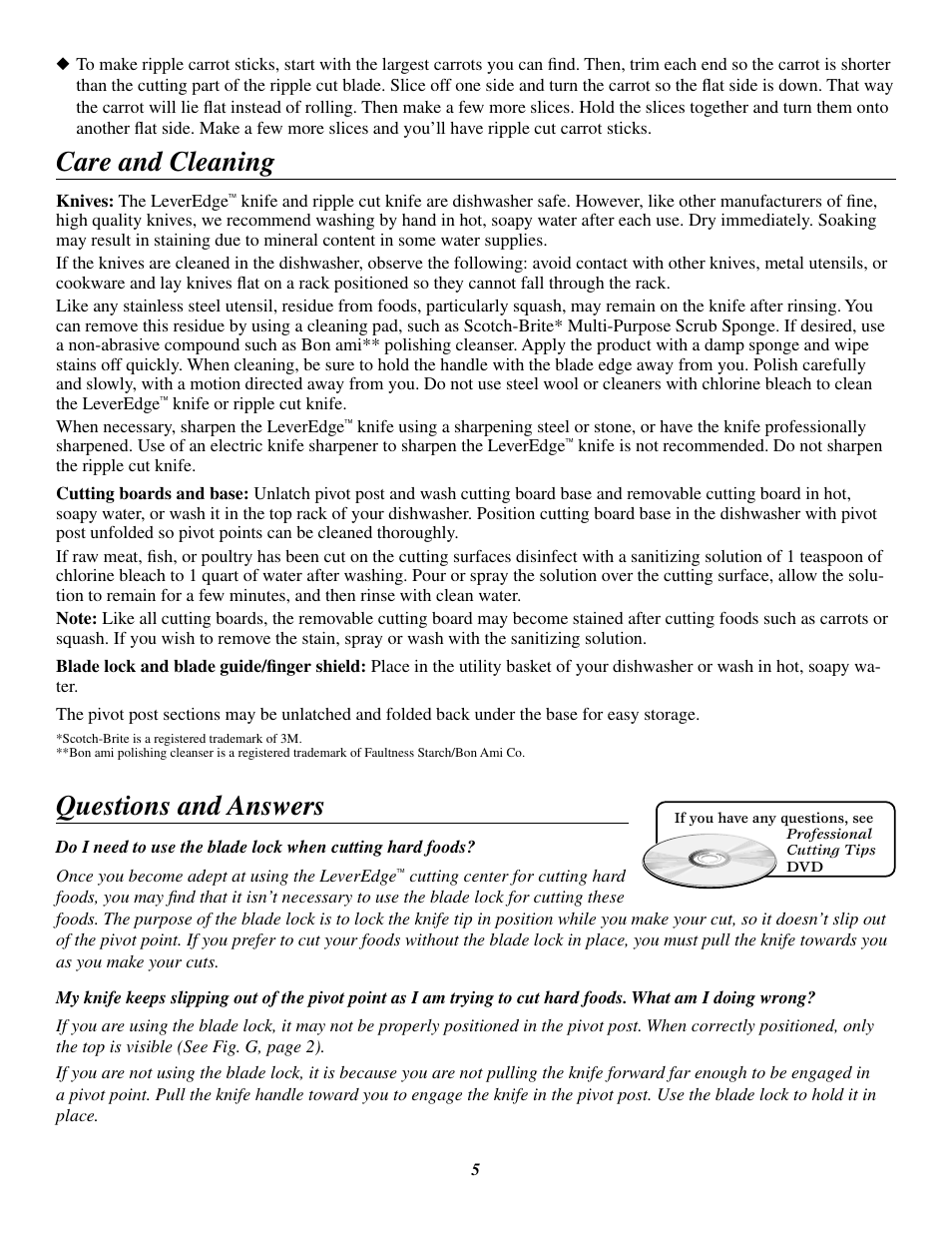 Care and cleaning, Questions and answers | Presto LeverEdge Knife User Manual | Page 5 / 7