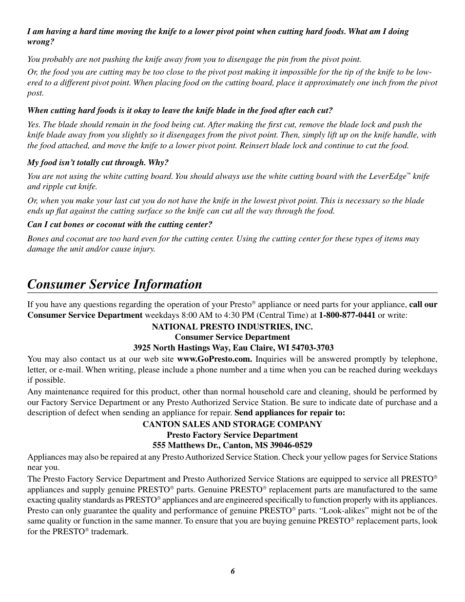 Consumer service information | Presto LeverEdge Knife User Manual | Page 6 / 7