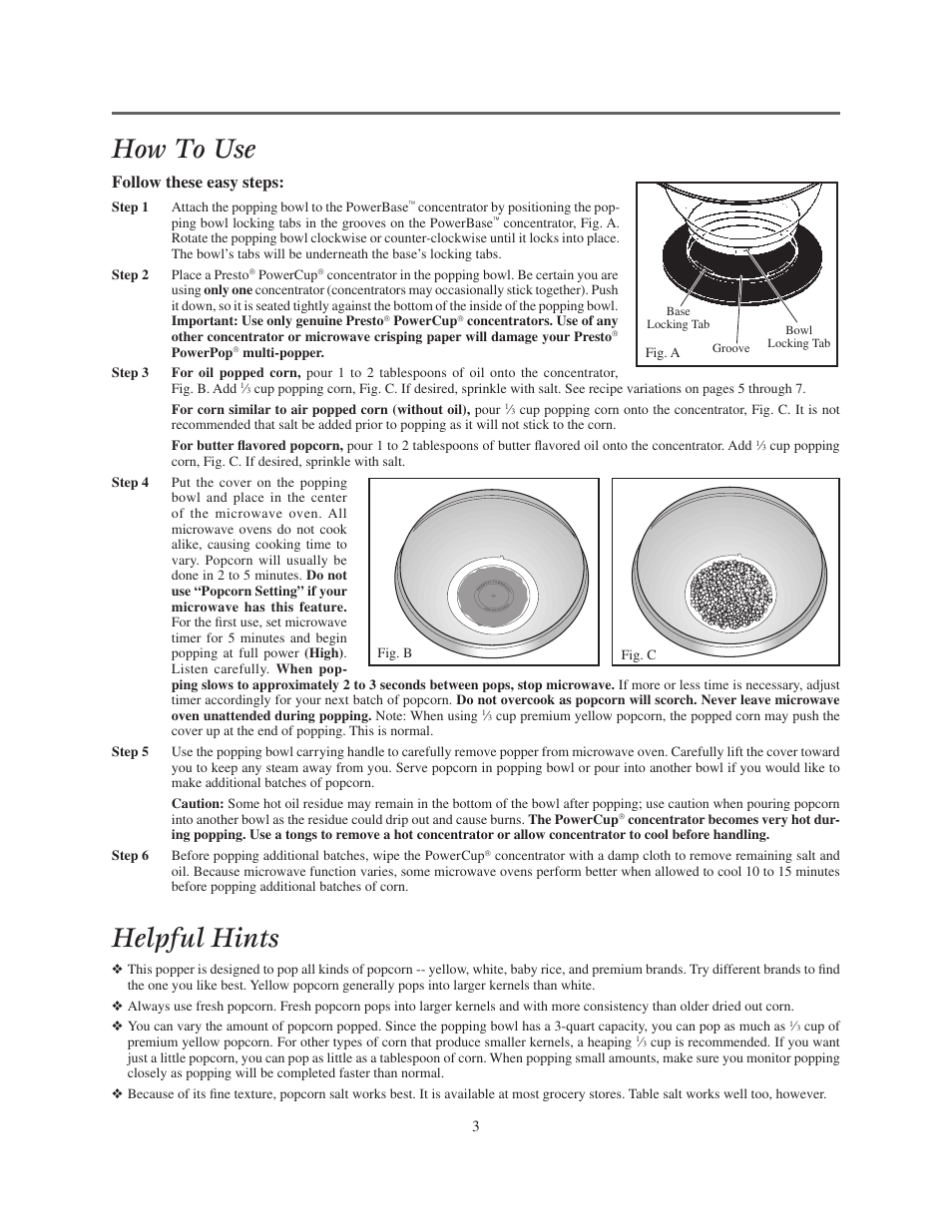 How to use, Helpful hints, Follow these easy steps | Presto multi-poppe User Manual | Page 3 / 8