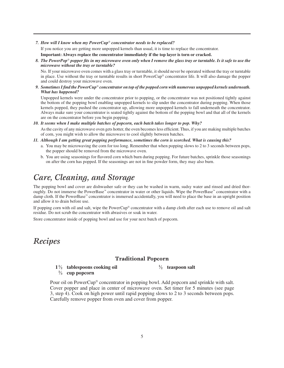 Care, cleaning, and storage, Recipes, Traditional popcorn | Presto multi-poppe User Manual | Page 5 / 8