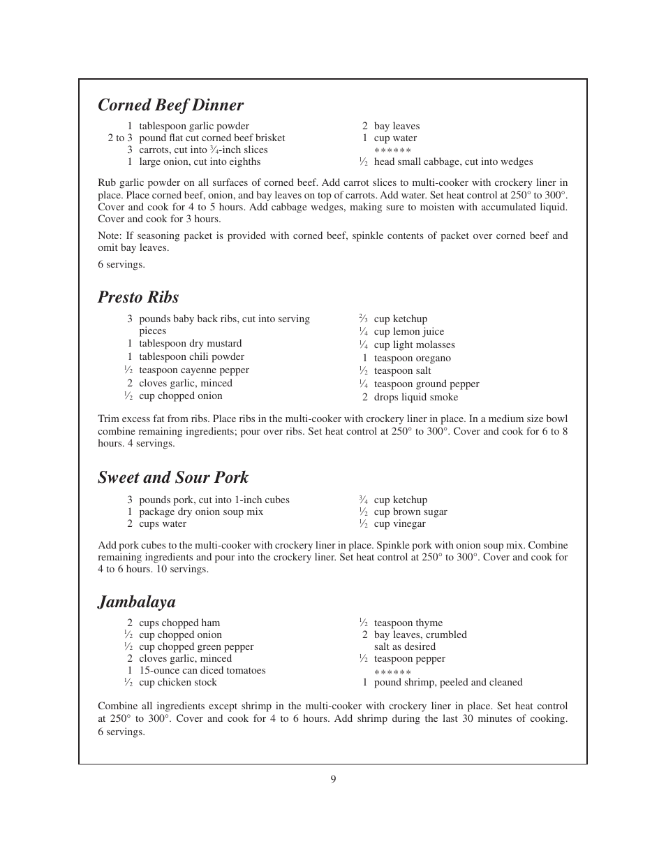 Corned beef dinner, Presto ribs, Sweet and sour pork | Jambalaya | Presto Electric multi-cooker User Manual | Page 9 / 20