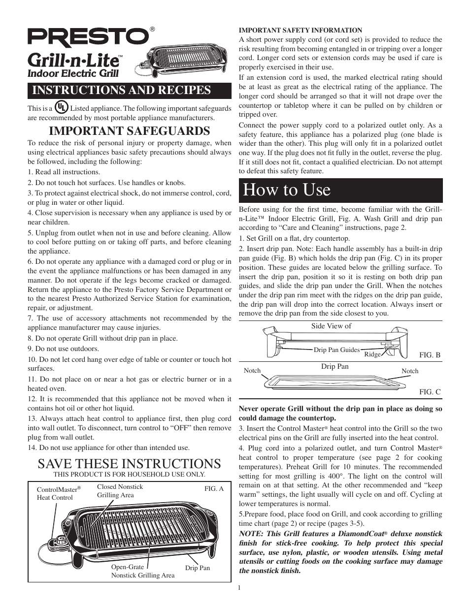 Presto Grill-n-Lite Indoor Electric Grill User Manual | 5 pages