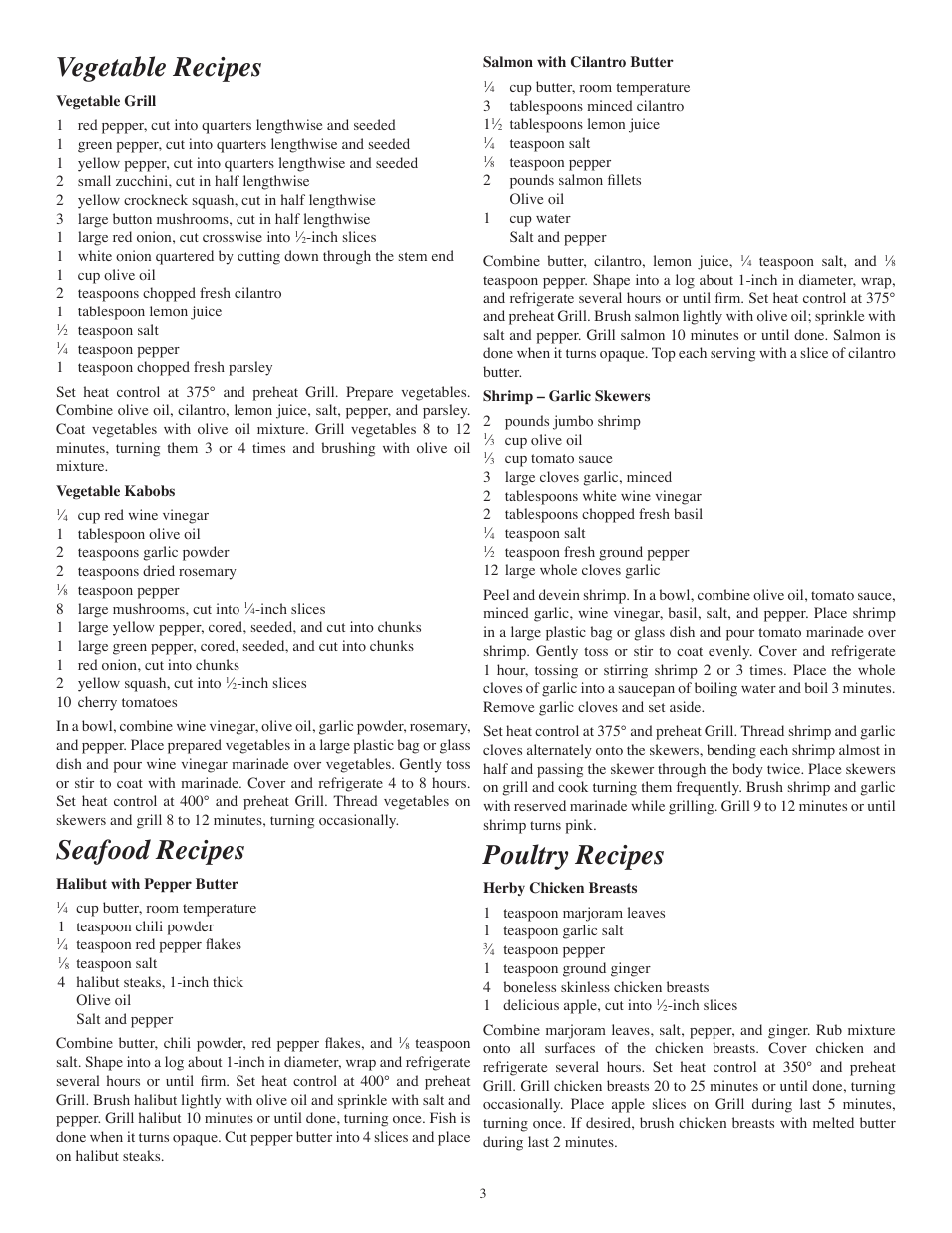 Vegetable recipes, Seafood recipes, Poultry recipes | Presto Grill-n-Lite Indoor Electric Grill User Manual | Page 3 / 5