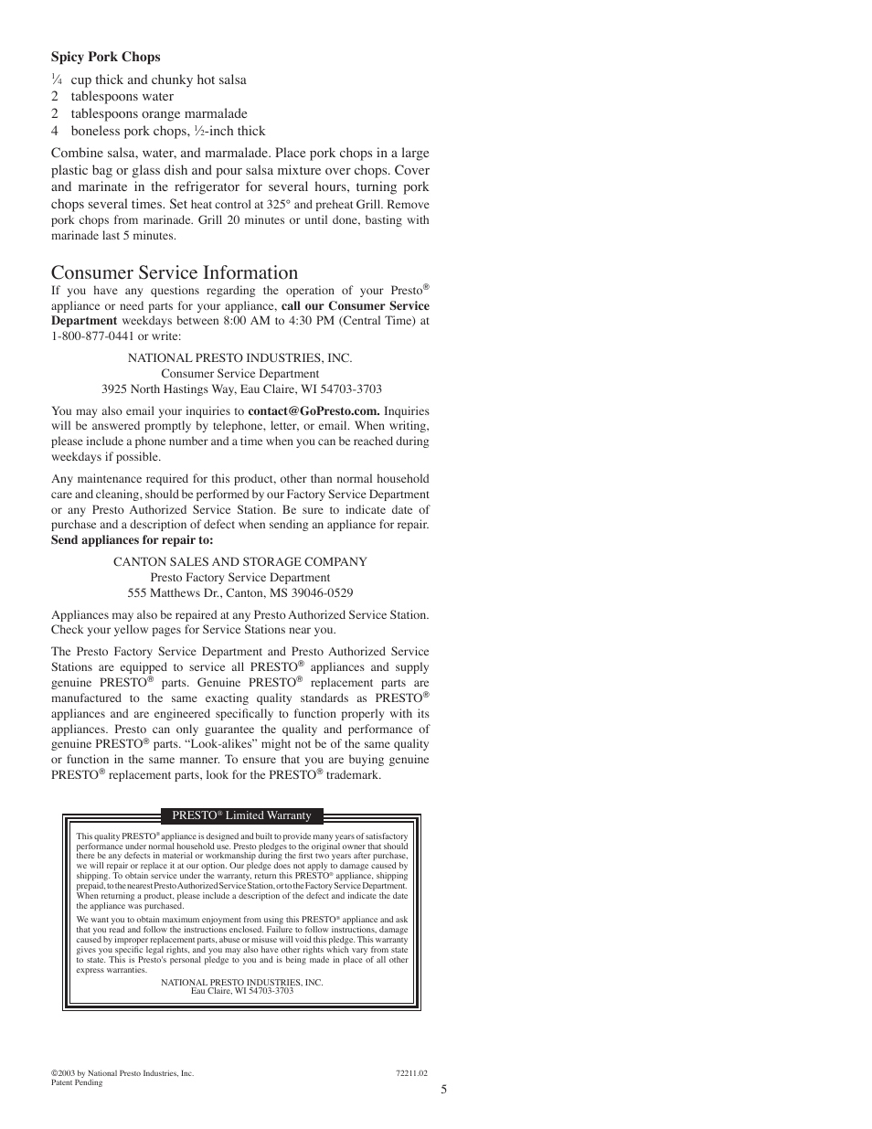 Consumer service information | Presto Grill-n-Lite Indoor Electric Grill User Manual | Page 5 / 5