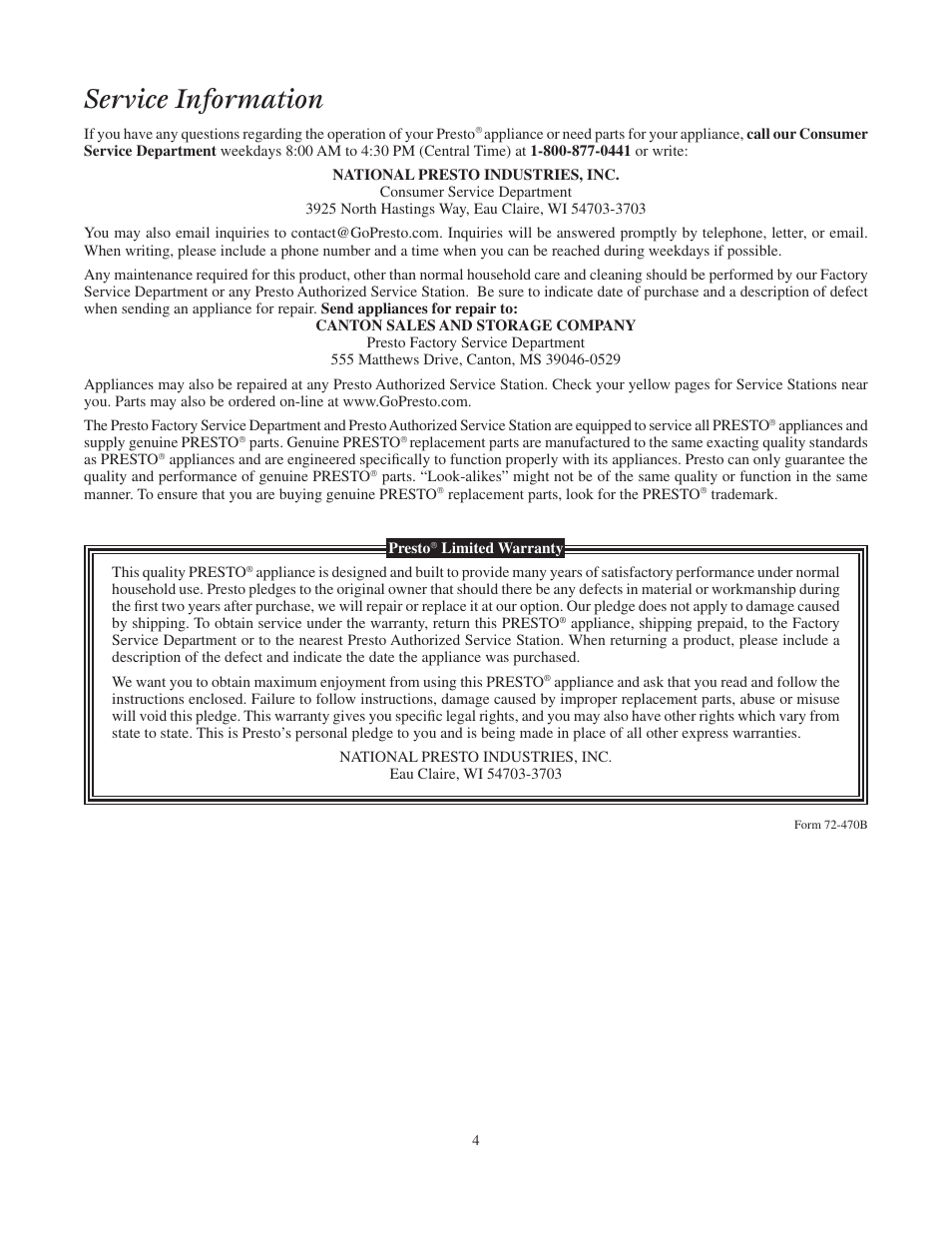 Service information | Presto Popper User Manual | Page 4 / 4