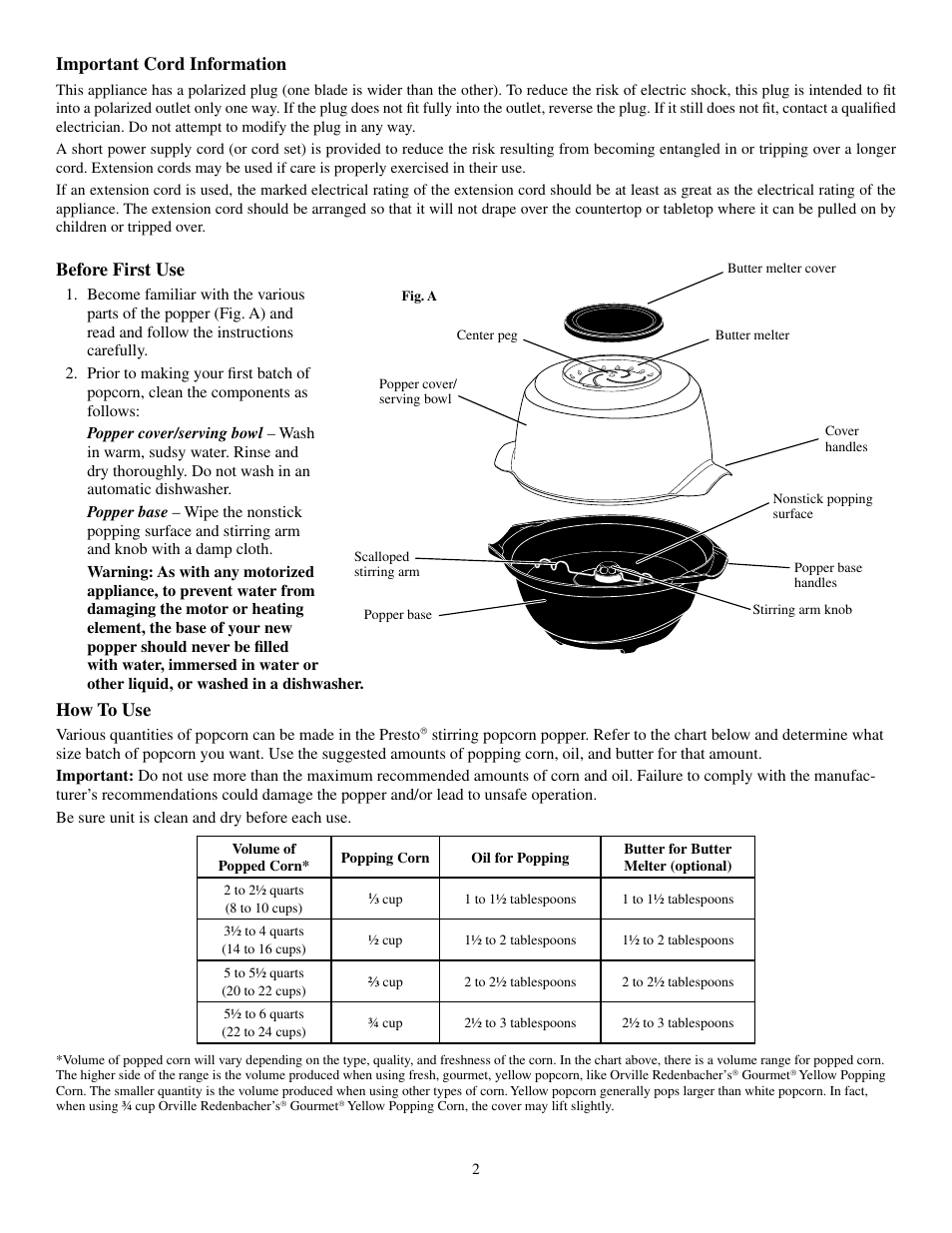 Important cord information, Before first use, How to use | Presto Corn Popper User Manual | Page 2 / 6