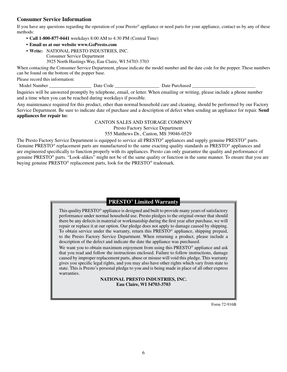 Consumer service information, Presto, Limited warranty | Presto Corn Popper User Manual | Page 6 / 6