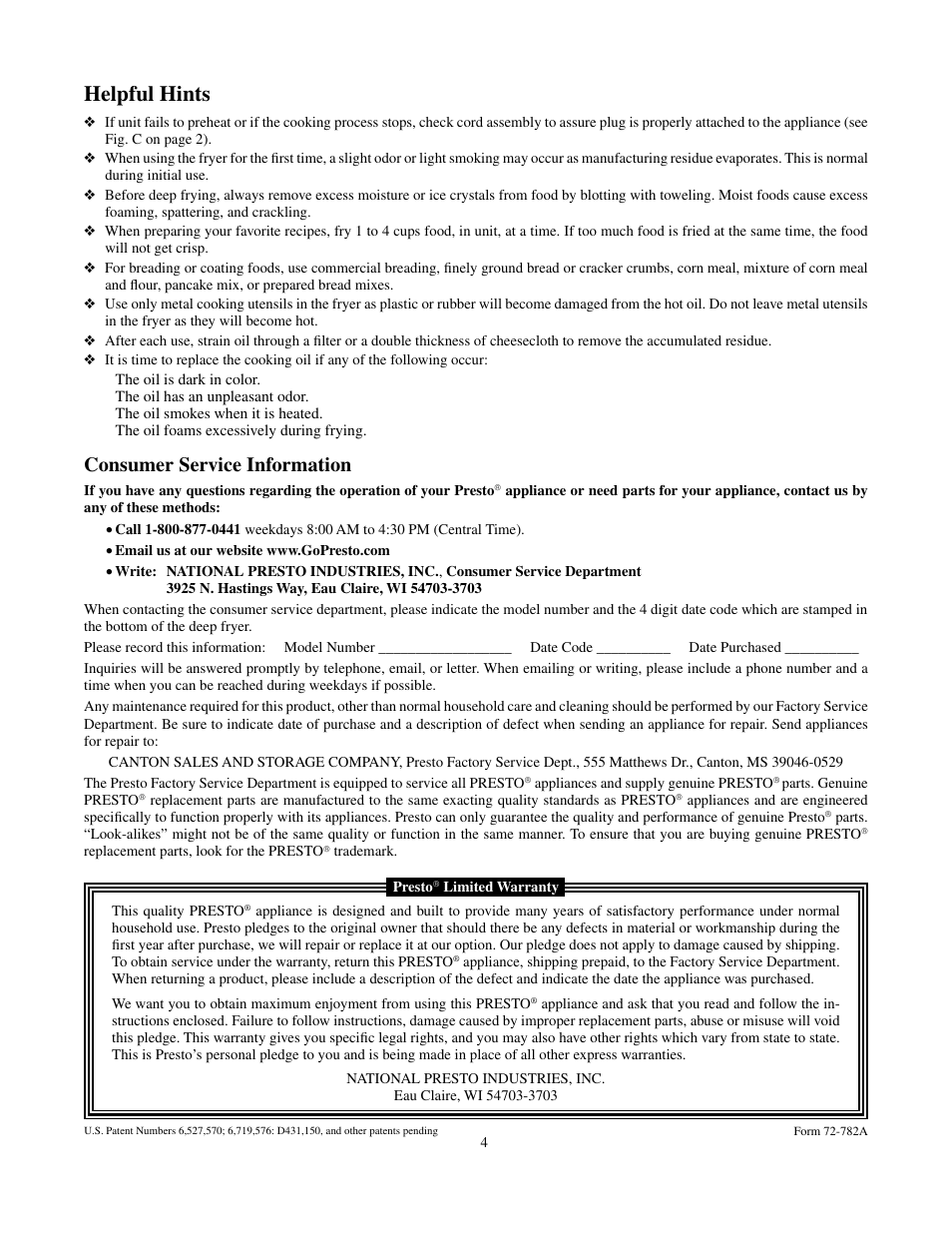 Helpful hints, Consumer service information | Presto Deep Fryer User Manual | Page 4 / 4