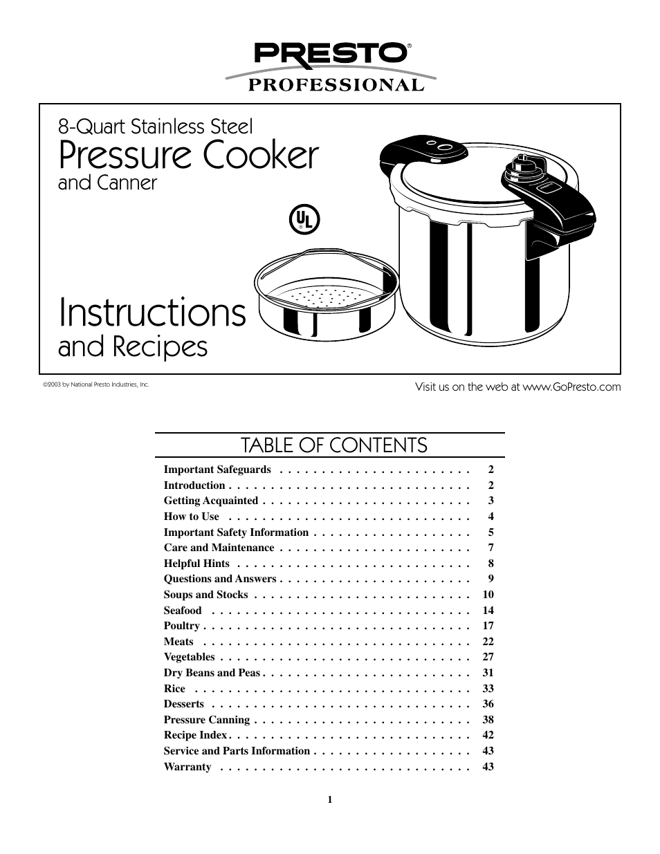 Presto 8-Quart Stainless Steel Pressure Cooker User Manual | 43 pages