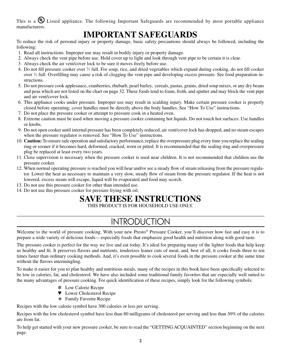 Introduction, Important safeguards, Save these instructions | Presto 8-Quart Stainless Steel Pressure Cooker User Manual | Page 2 / 43