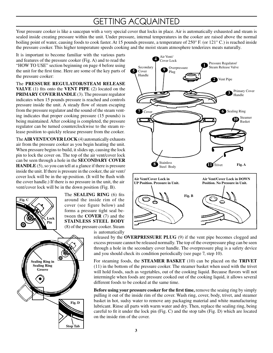 Getting acquainted | Presto 8-Quart Stainless Steel Pressure Cooker User Manual | Page 3 / 43