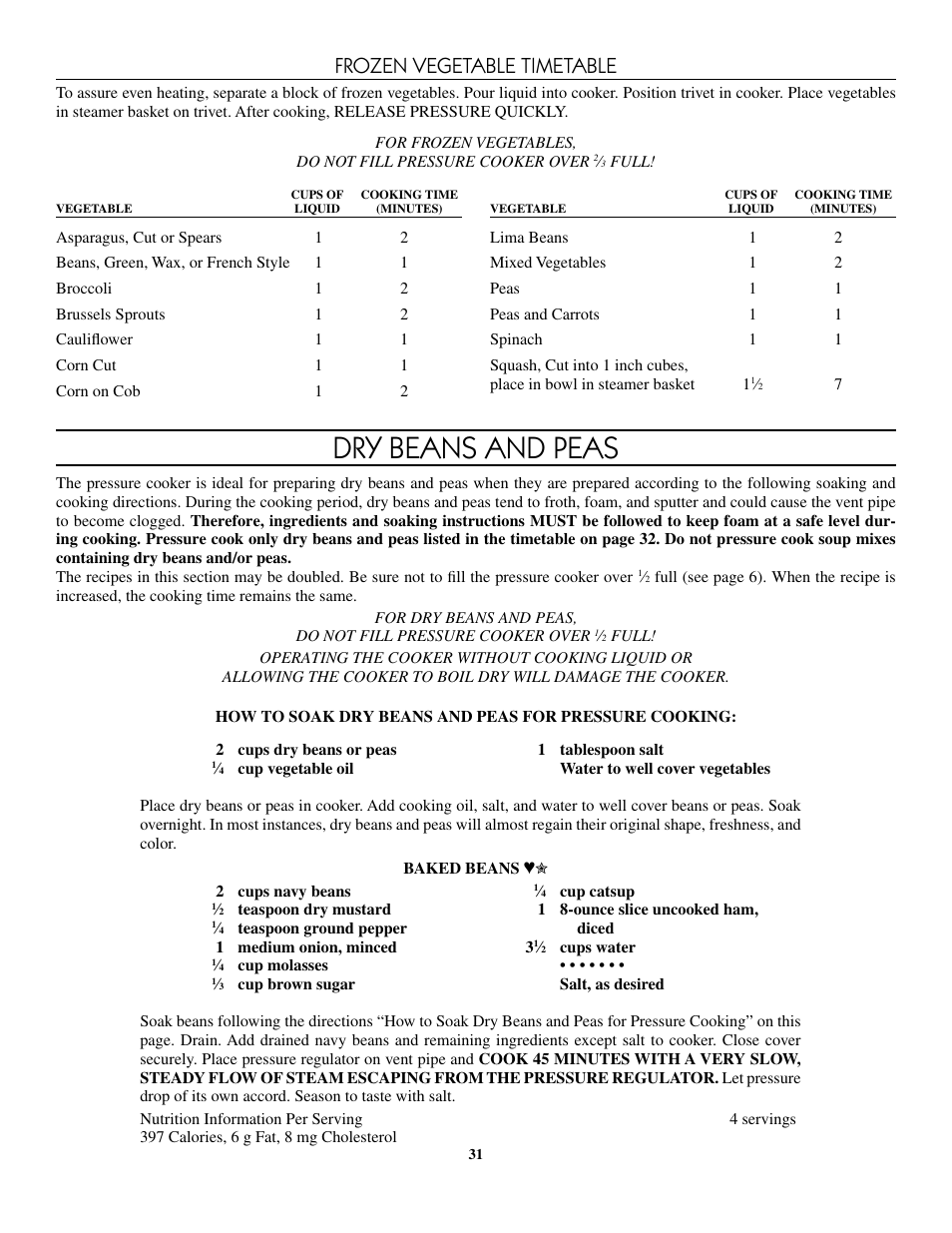 Dry beans and peas, Frozen vegetable timetable | Presto 8-Quart Stainless Steel Pressure Cooker User Manual | Page 31 / 43