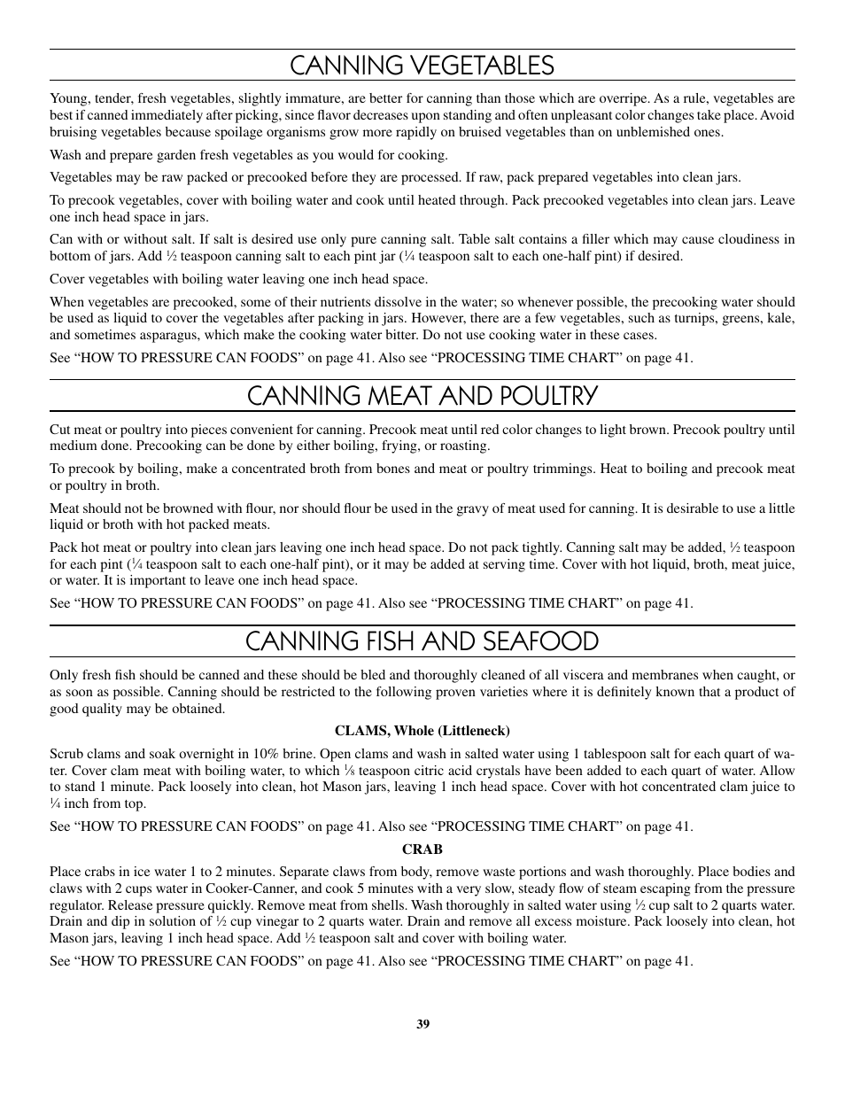 Canning vegetables, Canning meat and poultry, Canning fish and seafood | Presto 8-Quart Stainless Steel Pressure Cooker User Manual | Page 39 / 43