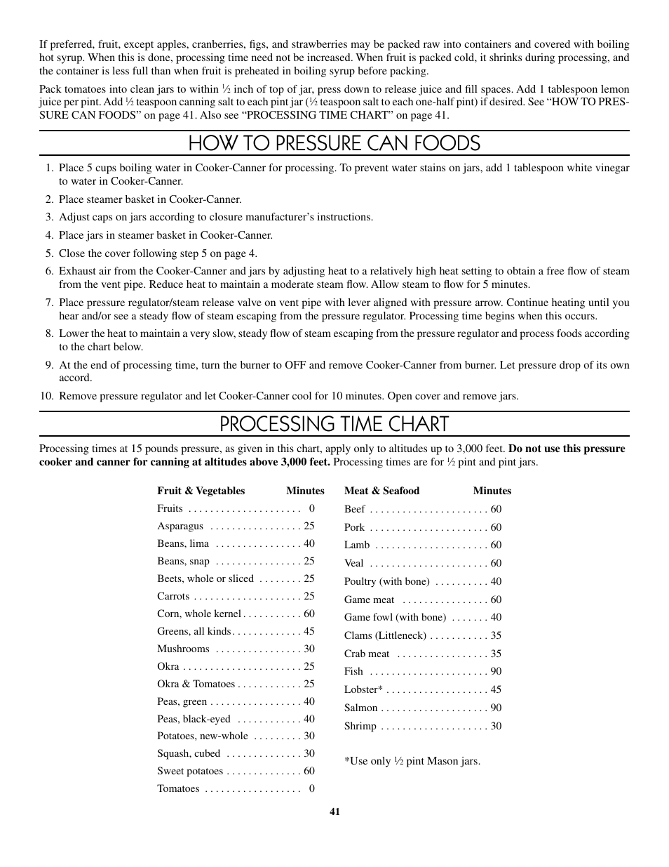 How to pressure can foods, Processing time chart | Presto 8-Quart Stainless Steel Pressure Cooker User Manual | Page 41 / 43