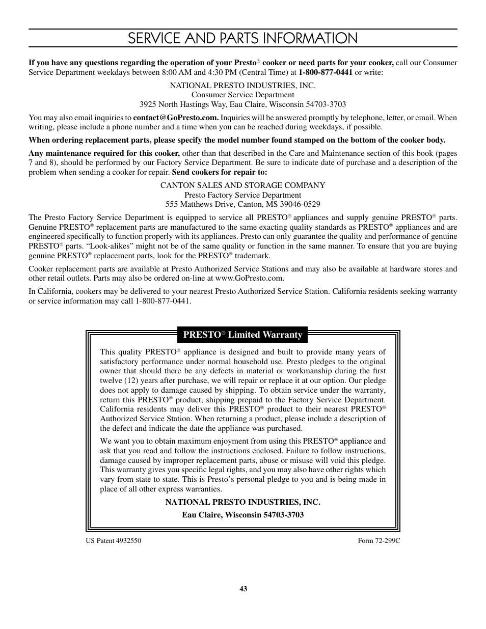 Service and parts information, Presto, Limited warranty | Presto 8-Quart Stainless Steel Pressure Cooker User Manual | Page 43 / 43