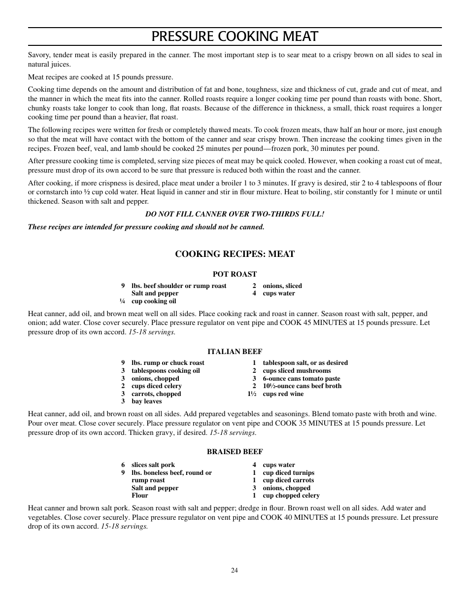 Pressure cooking meat, Cooking recipes: meat | Presto Electric Pressure Washer User Manual | Page 24 / 37