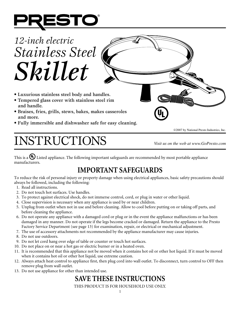 Presto electric Stainless Steel Skillet User Manual | 13 pages