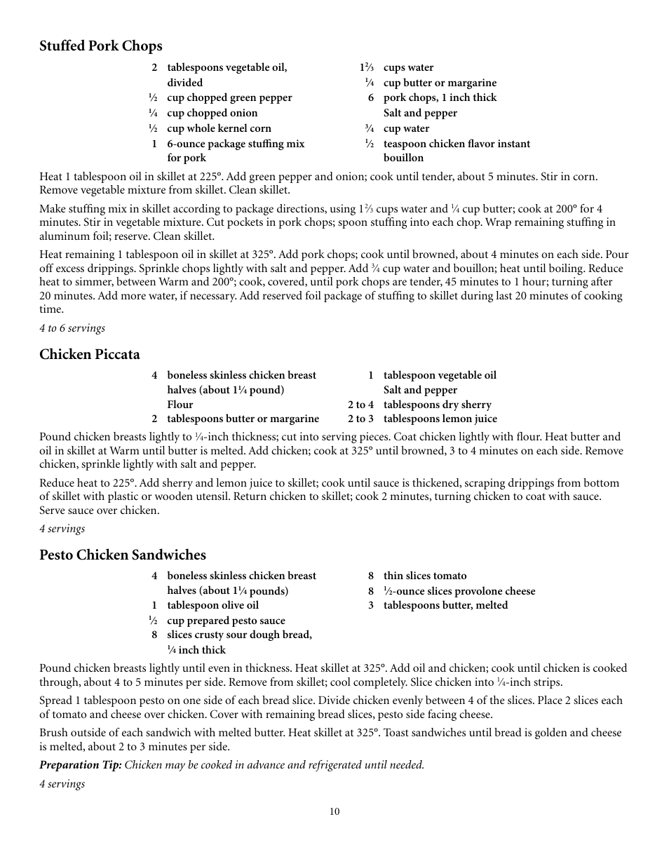 Stuffed pork chops, Chicken piccata, Pesto chicken sandwiches | Presto electric Stainless Steel Skillet User Manual | Page 10 / 13