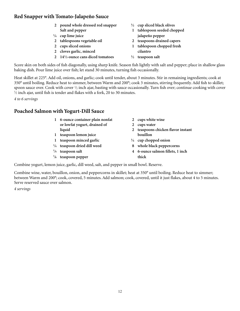 Red snapper with tomato-jalapeño sauce, Poached salmon with yogurt-dill sauce | Presto electric Stainless Steel Skillet User Manual | Page 12 / 13