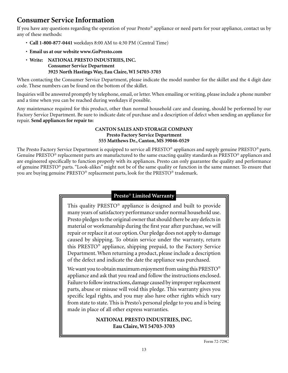 Consumer service information | Presto electric Stainless Steel Skillet User Manual | Page 13 / 13