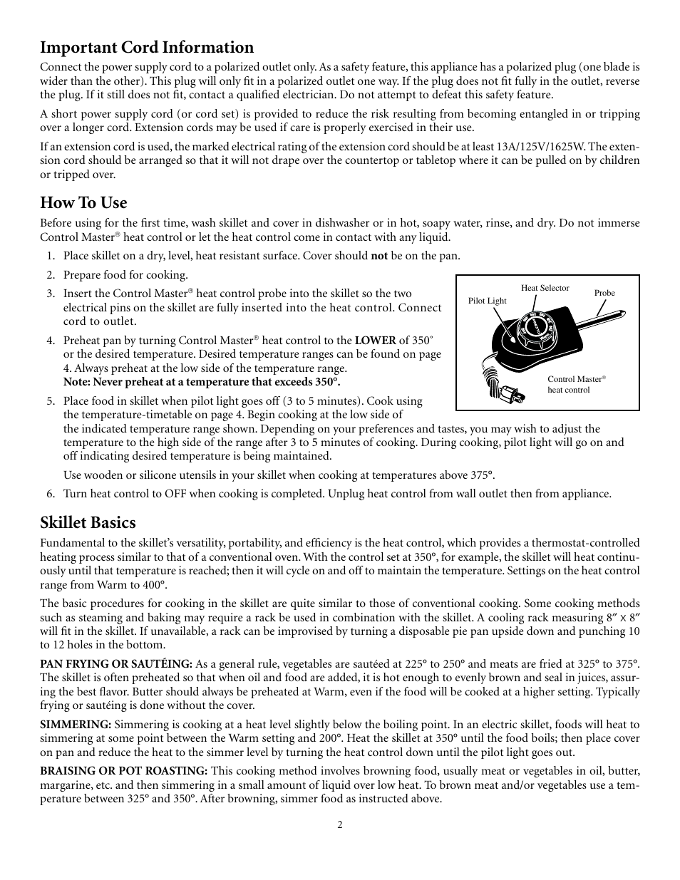 Important cord information, How to use, Skillet basics | Presto electric Stainless Steel Skillet User Manual | Page 2 / 13