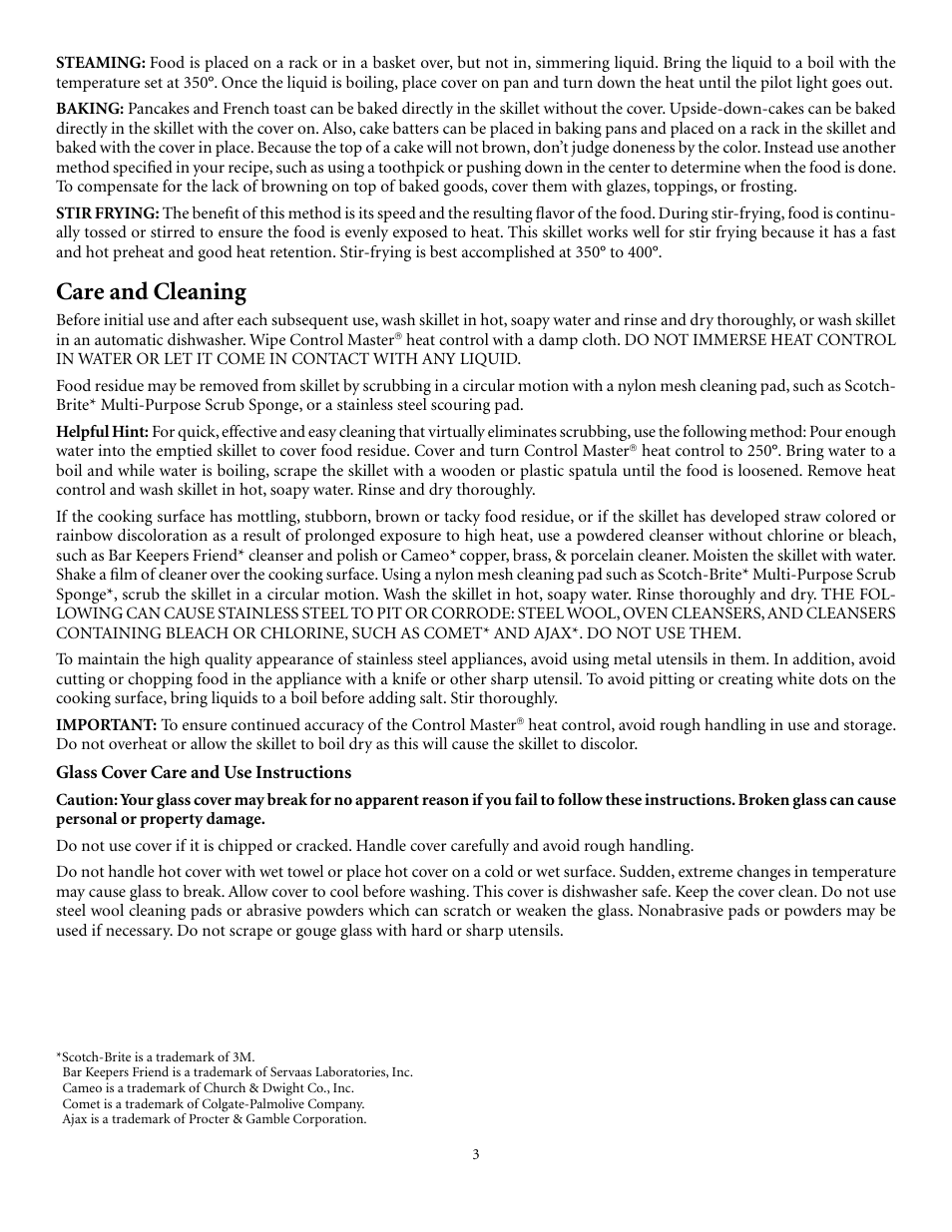 Care and cleaning | Presto electric Stainless Steel Skillet User Manual | Page 3 / 13