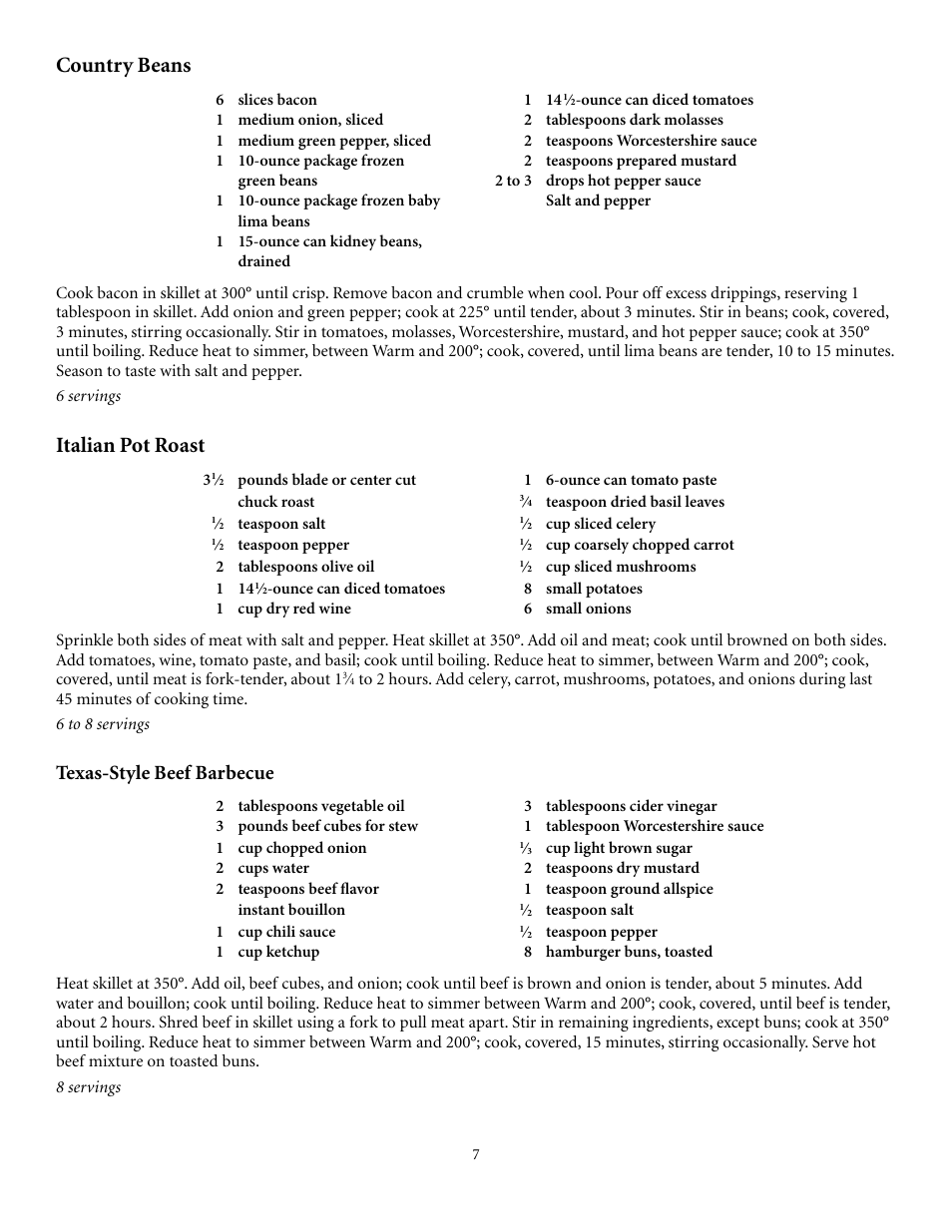 Country beans, Italian pot roast, Texas-style beef barbecue | Presto electric Stainless Steel Skillet User Manual | Page 7 / 13