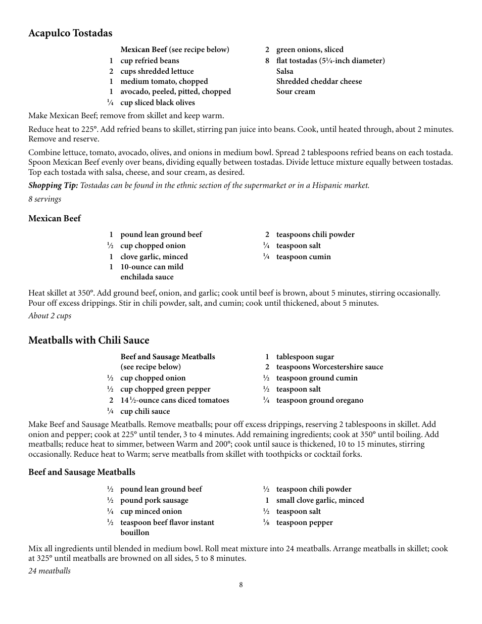 Acapulco tostadas, Meatballs with chili sauce, Mexican beef | Beef and sausage meatballs | Presto electric Stainless Steel Skillet User Manual | Page 8 / 13