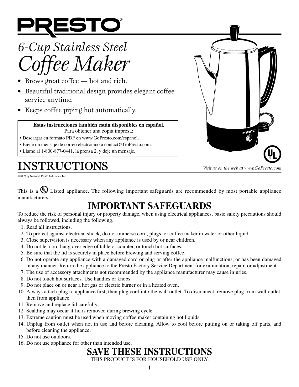 Presto Coffeemaker User Manual | 3 pages