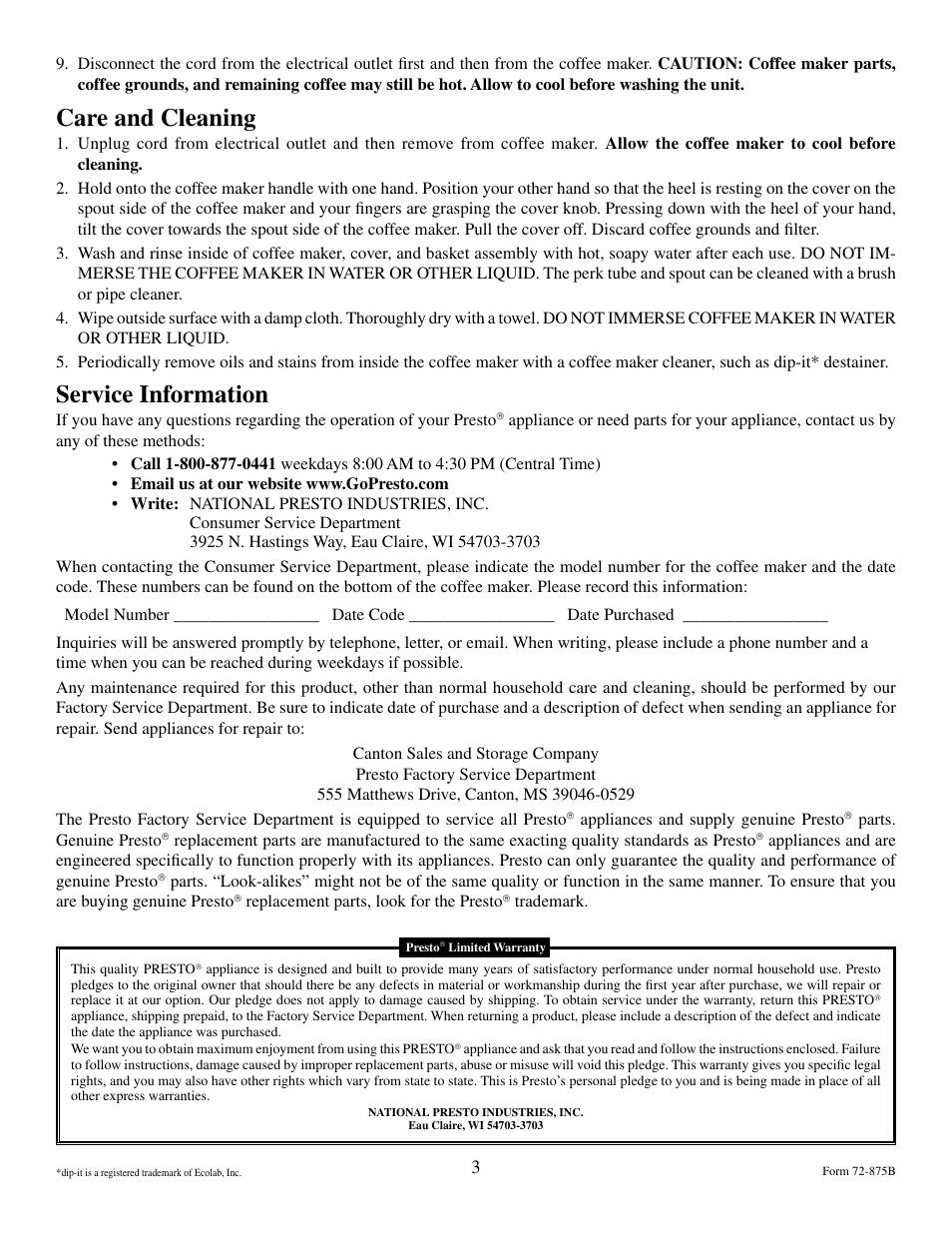Care and cleaning, Service information | Presto Coffeemaker User Manual | Page 3 / 3