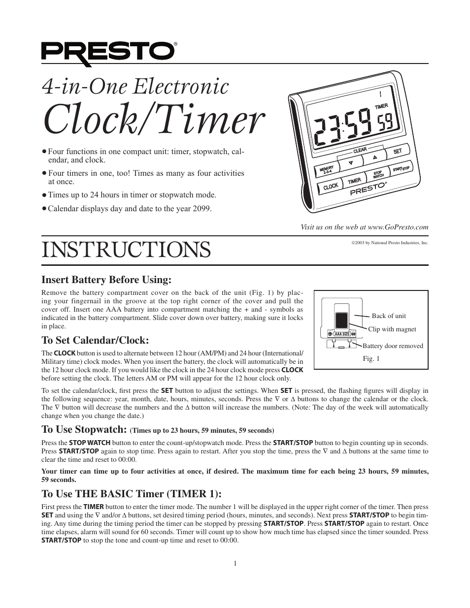 Presto Timer User Manual | 2 pages